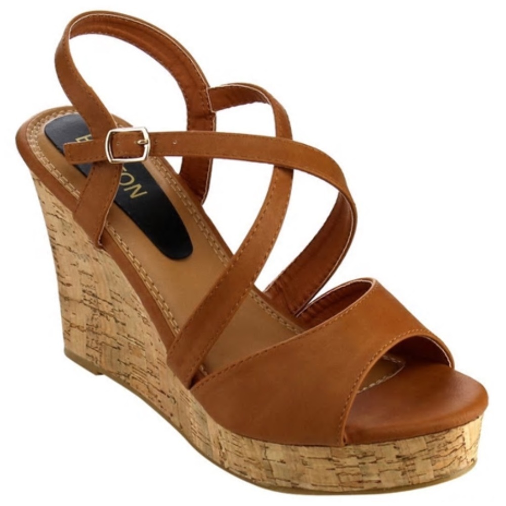 Beston Cognac Platform Sandals w/ Cork Wedge Heels